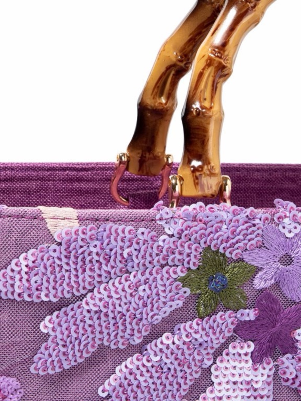 Vintage Purple Floral Sequin Tote with Bamboo Handle - Picture 2 of 5